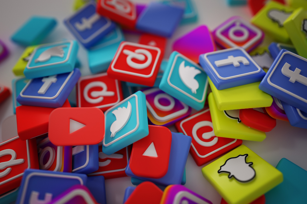 a pile of tiles representing social media logos and icons